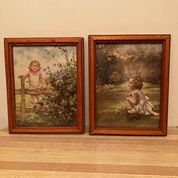 Tramp Art Works Antique Carved Wood Chip Frame 1930s Adelaide Hiebel Bluebird - Picture 1 of 10